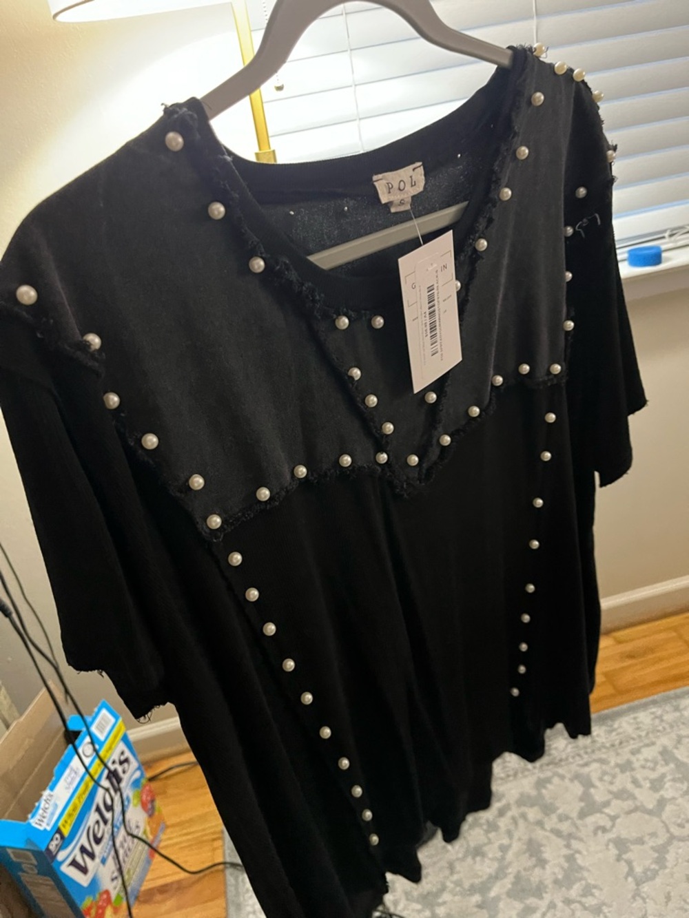 POL Black Short-Sleeve Tee with Pearl Stud Detailing